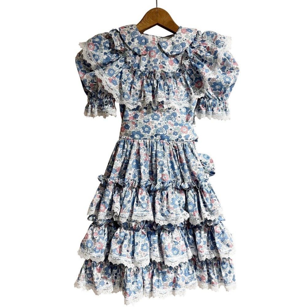 Little Girls Vintage 80s 90s Microfloral Cottagecore Ruffled Lace Dress Size 4-5